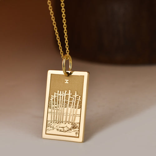 14K Gold Ten of Swords Tarot Card Pendant Necklace