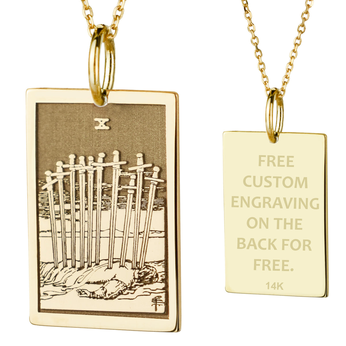 14K Gold Ten of Swords Tarot Card Pendant Necklace