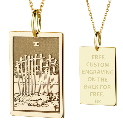 14K Gold Ten of Swords Tarot Card Pendant Necklace