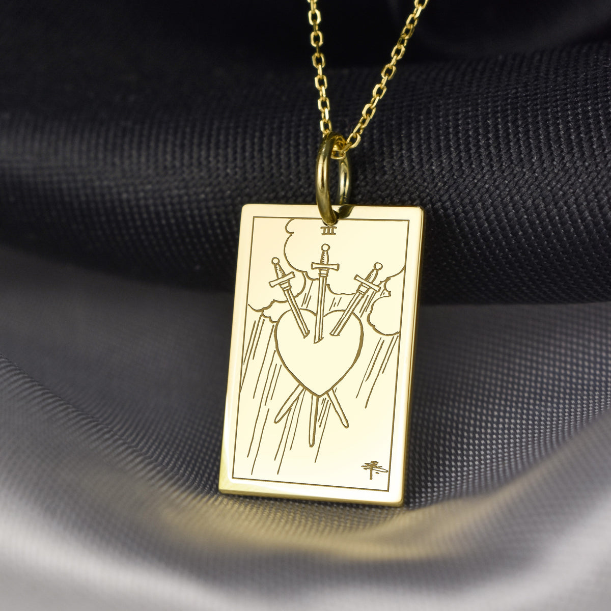 14K Gold Three of Swords Tarot Card Pendant Necklace