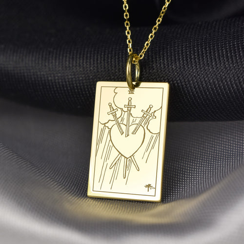 14K Gold Three of Swords Tarot Card Pendant Necklace