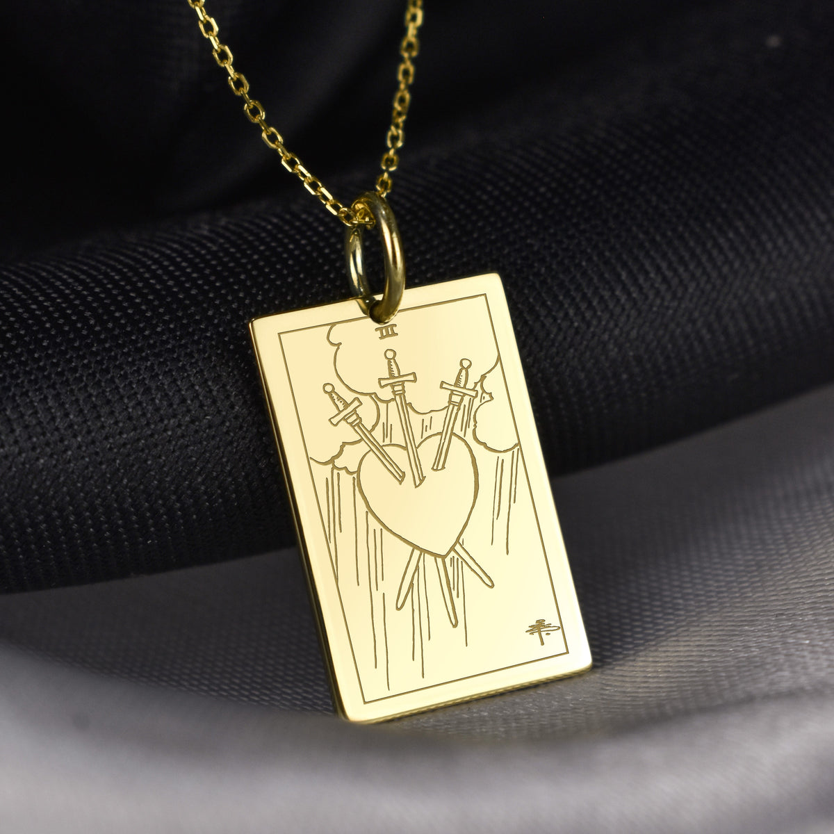 14K Gold Three of Swords Tarot Card Pendant Necklace