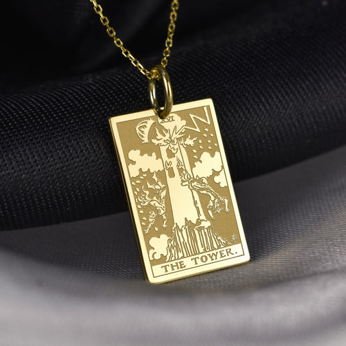 14K Gold Tower Tarot Card Pendant Necklace