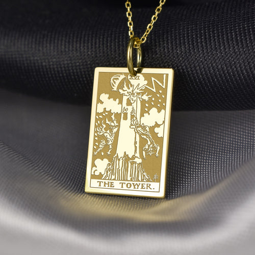 14K Gold Tower Tarot Card Pendant Necklace