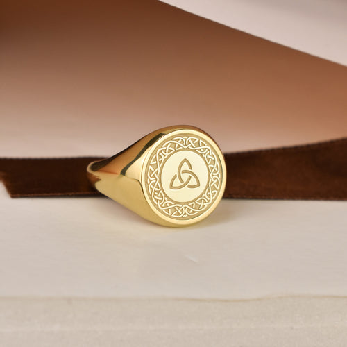 14K Gold Triquetra Celtic Knot Signet Ring