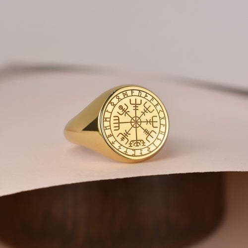 14K Gold Vegvisir Viking Compass Signet Ring