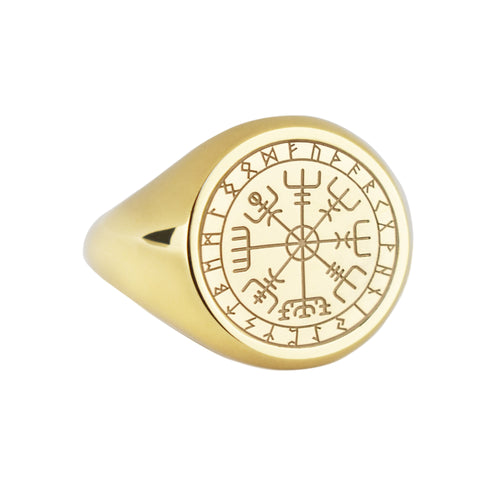 14K Gold Vegvisir Viking Compass Signet Ring