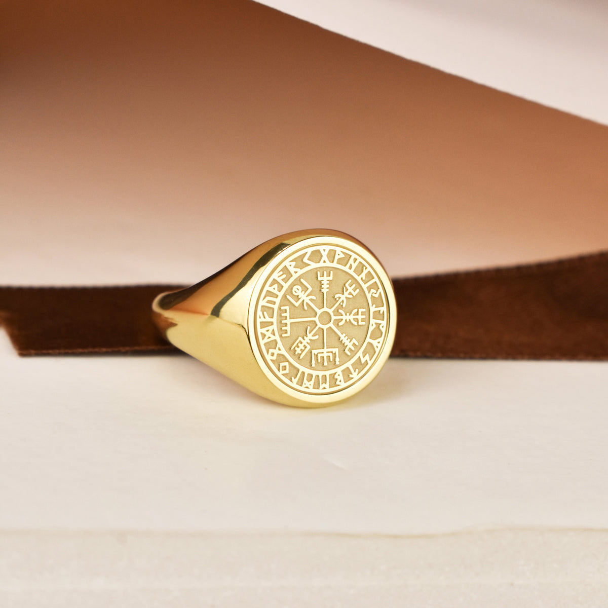 14K Gold Vegvisir Signet Ring