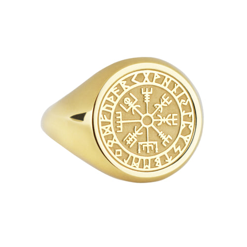 14K Gold Vegvisir Signet Ring