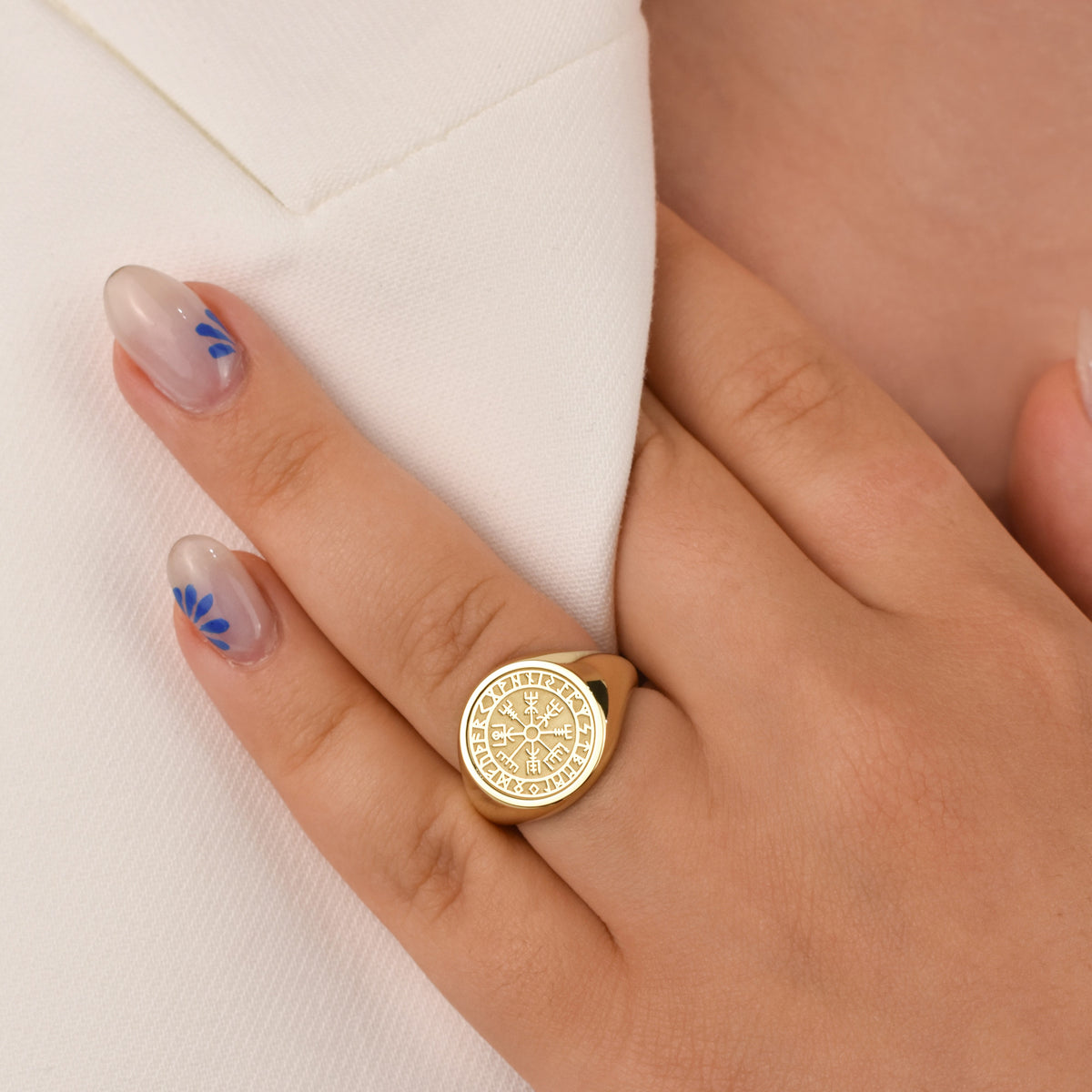 14K Gold Vegvisir Signet Ring