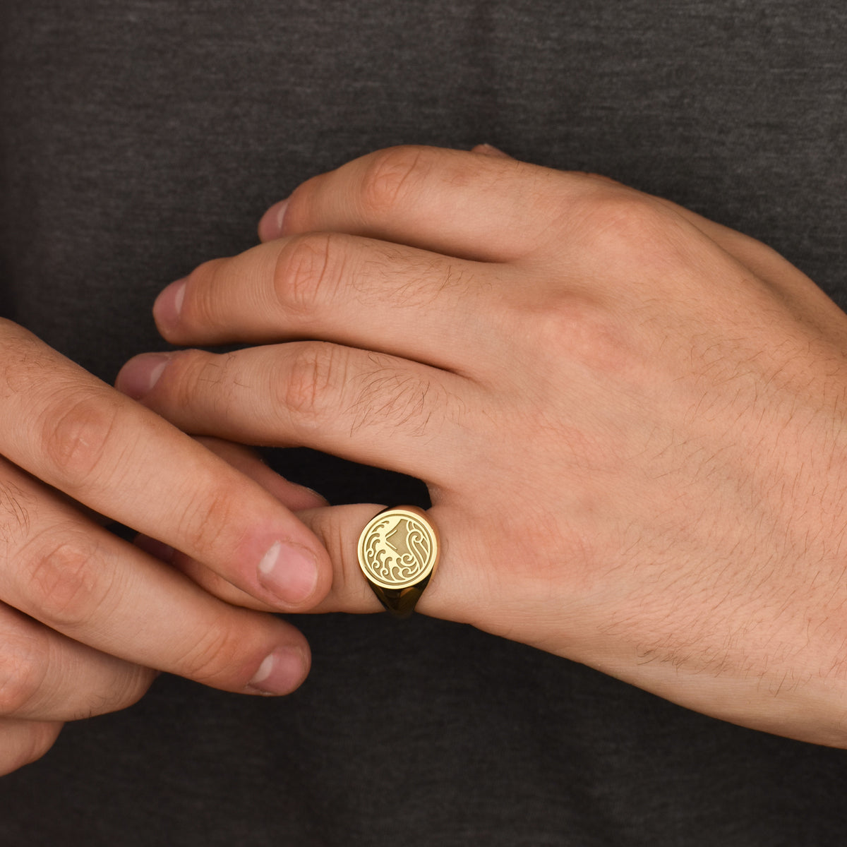 14K Gold Mount Fuji Wave Signet Ring