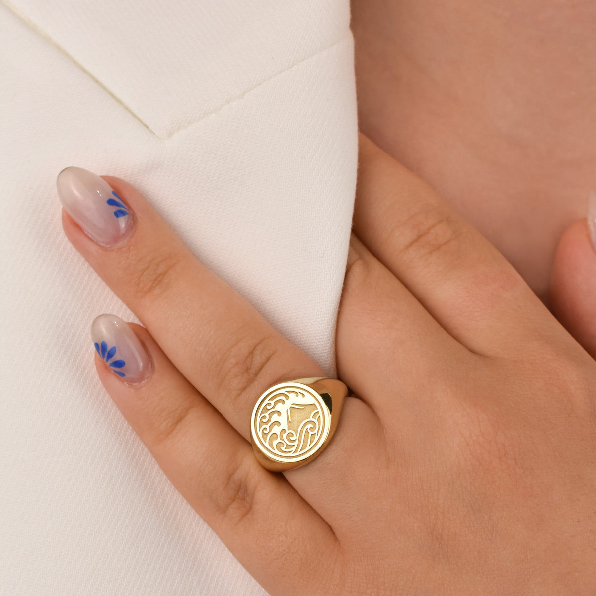 14K Gold Mount Fuji Wave Signet Ring