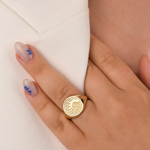 14K Gold Mount Fuji Wave Signet Ring
