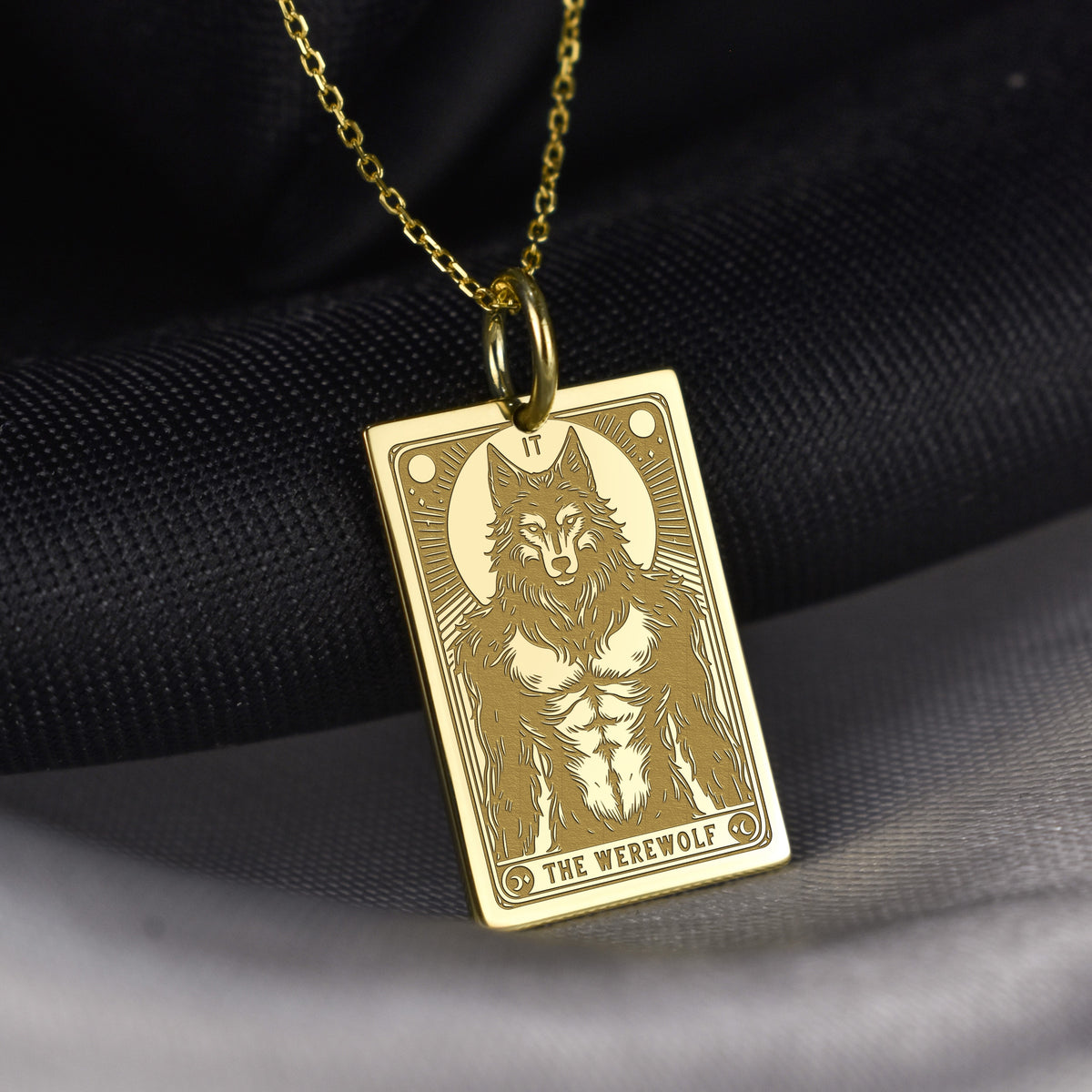 14K Gold Werewolf Tarot Card Pendant Necklace