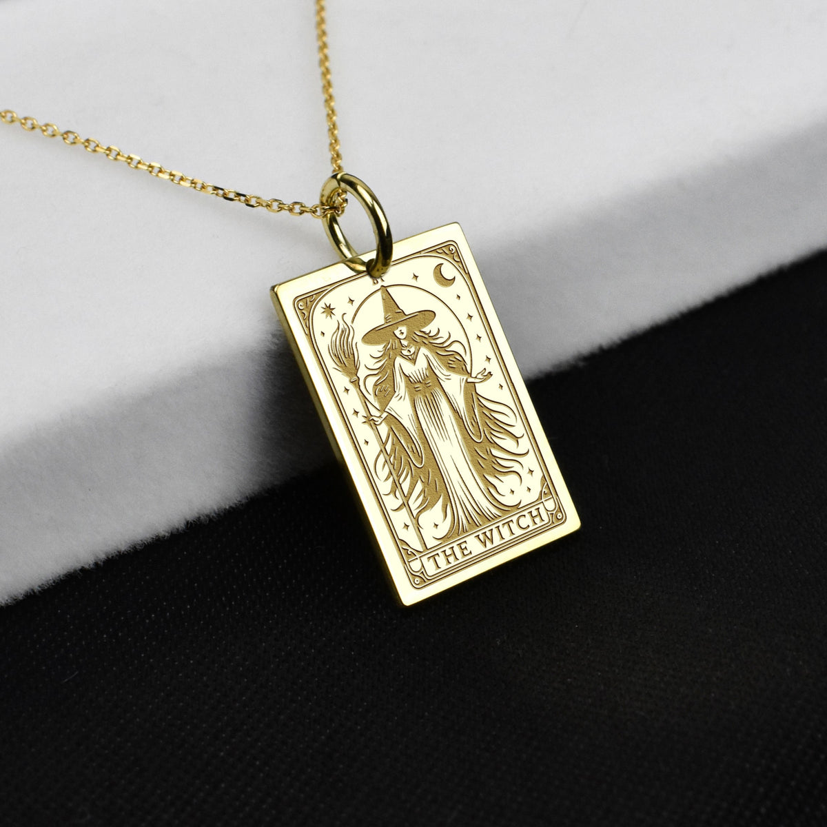 14K Gold Witch Tarot Card Pendant Necklace