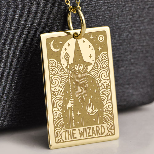 14K Gold Wizard Tarot Card Pendant Necklace