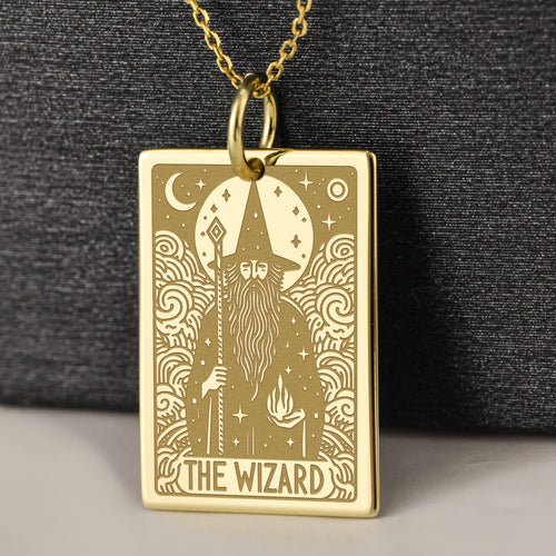 14K Gold Wizard Tarot Card Pendant Necklace