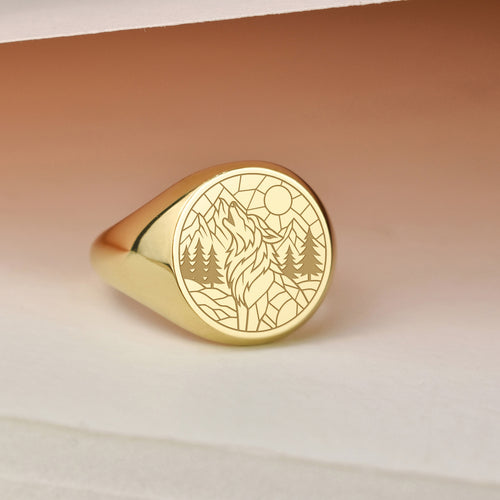 14K Gold Wolf Signet Ring