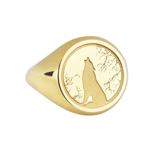 14K Gold Howling Wolf Signet Ring