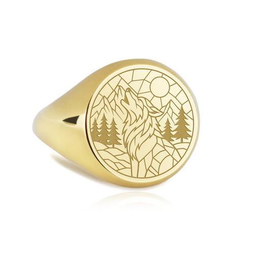 14K Gold Wolf Signet Ring