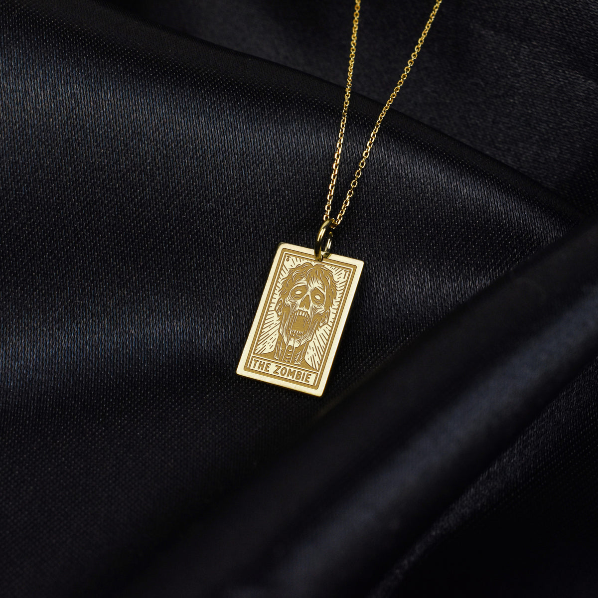 14K Gold Zombie Tarot Card Pendant Necklace
