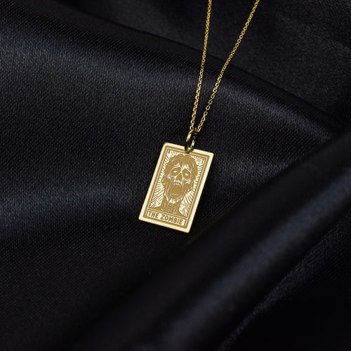 14K Gold Zombie Tarot Card Pendant Necklace