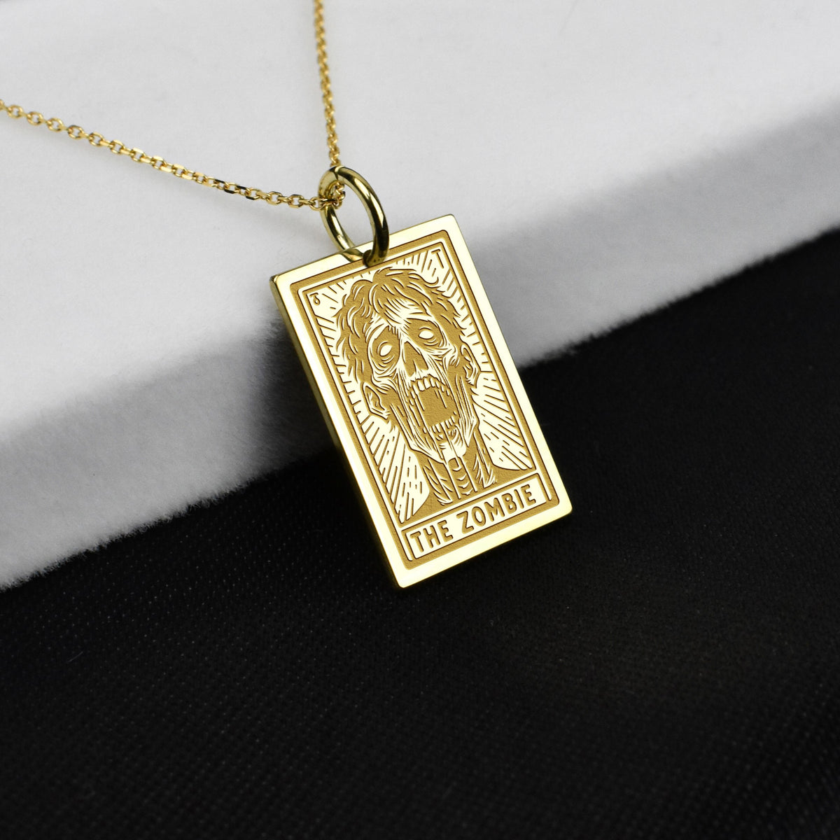 14K Gold Zombie Tarot Card Pendant Necklace